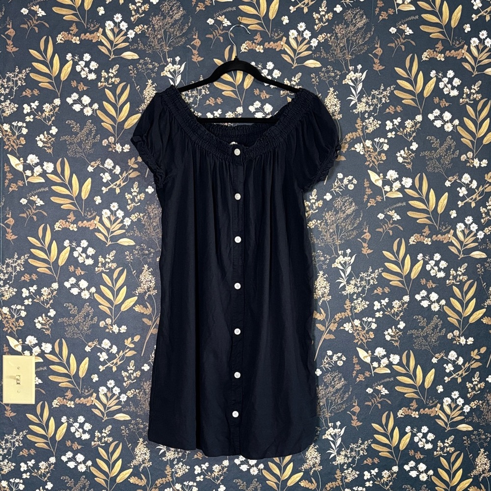 LOFT Beach Navy Blue Down Puff Sleeve Button Down Dress Size L